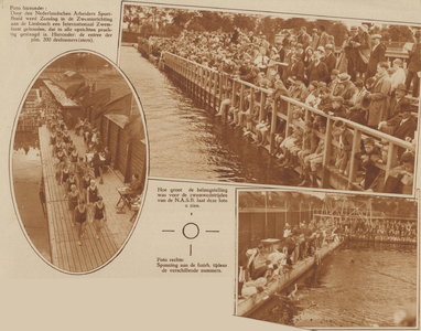 873688 Collage van 3 foto's betreffende het internationale zwemfeest, georganiseerd door de Nederlandsche Arbeiders ...